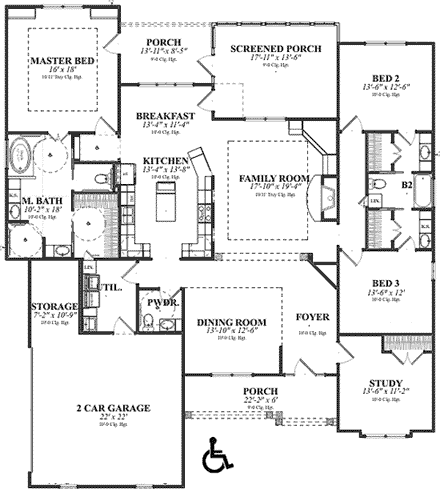 Traditional House Plan 78706 with 4 Beds, 3 Baths, 2 Car Garage First Level Plan