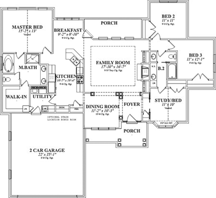 Traditional House Plan 78735 with 4 Beds, 2 Baths, 2 Car Garage First Level Plan