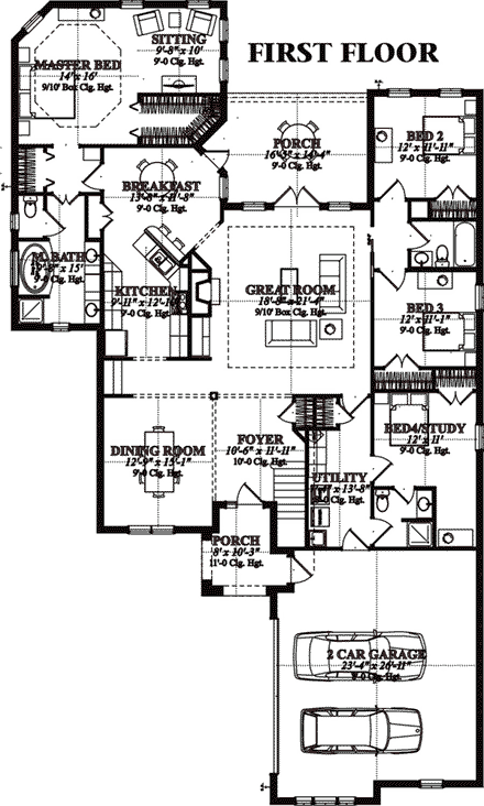 Contemporary House Plan 78736 with 4 Beds, 4 Baths, 2 Car Garage First Level Plan