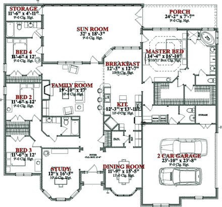 Contemporary House Plan 78768 with 4 Beds, 4 Baths, 2 Car Garage First Level Plan