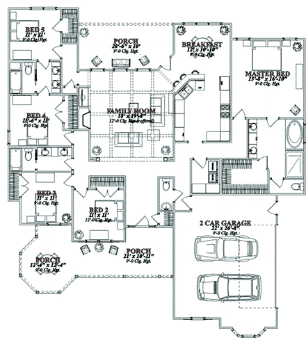 European House Plan 78831 with 5 Beds, 4 Baths, 2 Car Garage First Level Plan