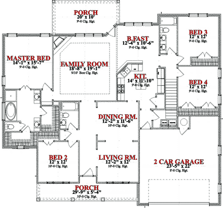 Country House Plan 78832 with 4 Beds, 4 Baths, 2 Car Garage First Level Plan
