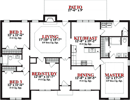 Ranch House Plan 78843 with 4 Beds, 2 Baths First Level Plan