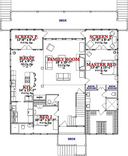 Coastal, Contemporary, Country House Plan 78879 with 4 Beds, 3 Baths First Level Plan