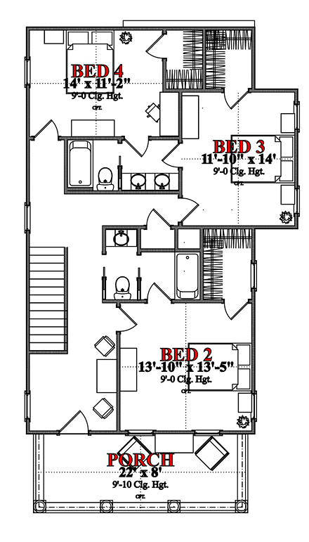 Colonial, Historic, Southern House Plan 78888 with 4 Beds, 4 Baths Second Level Plan