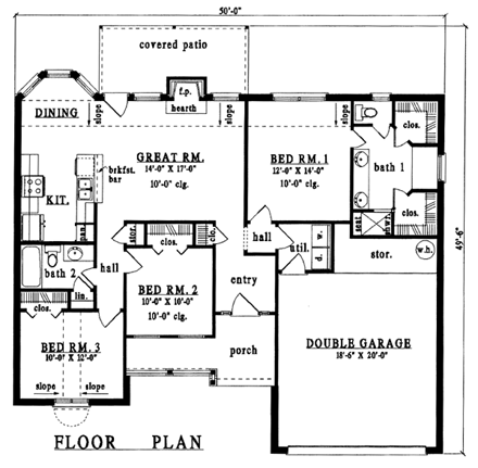 One-Story, Traditional House Plan 79001 with 3 Beds, 2 Baths, 2 Car Garage First Level Plan