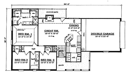 One-Story, Ranch House Plan 79019 with 3 Beds, 2 Baths, 2 Car Garage First Level Plan