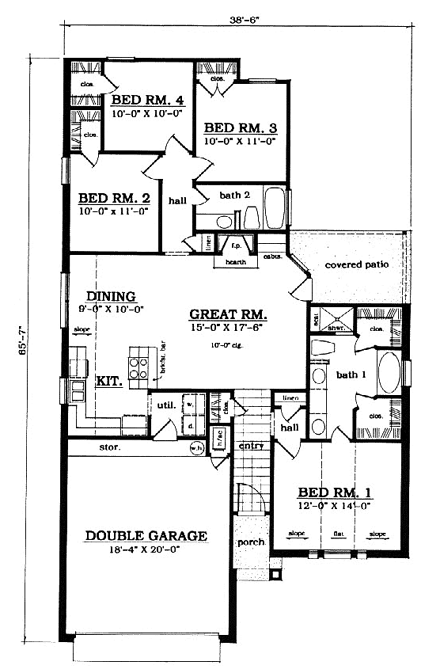 European, Narrow Lot, One-Story House Plan 79025 with 4 Beds, 2 Baths, 2 Car Garage First Level Plan