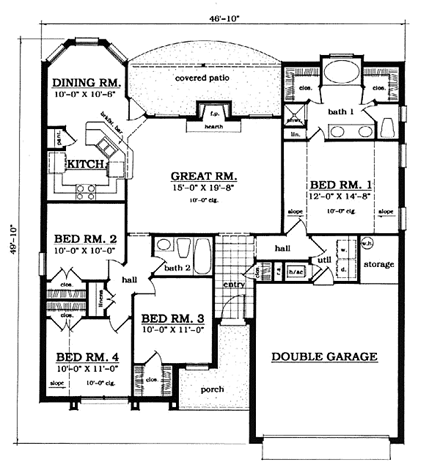 European, One-Story House Plan 79028 with 4 Beds, 2 Baths, 2 Car Garage First Level Plan