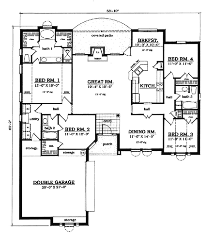 European, One-Story House Plan 79046 with 4 Beds, 3 Baths, 2 Car Garage First Level Plan
