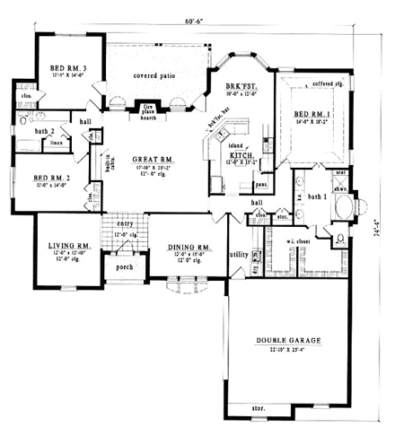 European, One-Story, Tudor House Plan 79076 with 3 Beds, 2 Baths, 2 Car Garage First Level Plan