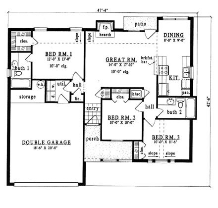 One-Story, Ranch, Traditional House Plan 79089 with 3 Beds, 2 Baths, 2 Car Garage First Level Plan
