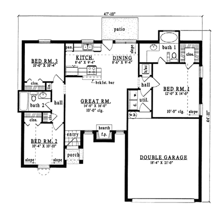 European, One-Story House Plan 79090 with 3 Beds, 2 Baths, 2 Car Garage First Level Plan