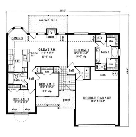 European, One-Story House Plan 79093 with 3 Beds, 2 Baths, 2 Car Garage First Level Plan