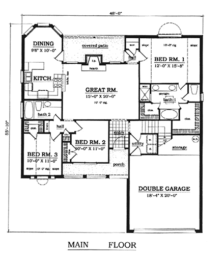 Country, One-Story House Plan 79102 with 3 Beds, 2 Baths, 2 Car Garage First Level Plan