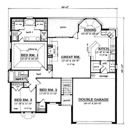 European, One-Story House Plan 79106 with 3 Beds, 2 Baths, 2 Car Garage First Level Plan
