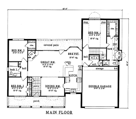 Country, Southern House Plan 79108 with 3 Beds, 2 Baths, 2 Car Garage First Level Plan