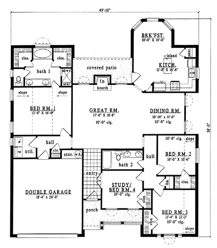 European, One-Story House Plan 79116 with 4 Beds, 2 Baths, 2 Car Garage First Level Plan