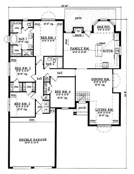 European, One-Story House Plan 79121 with 4 Beds, 2 Baths, 2 Car Garage First Level Plan