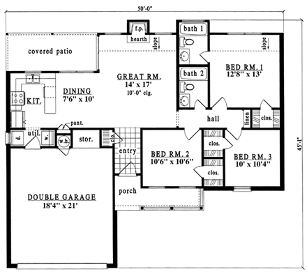 One-Story, Traditional House Plan 79167 with 3 Beds, 2 Baths, 2 Car Garage First Level Plan