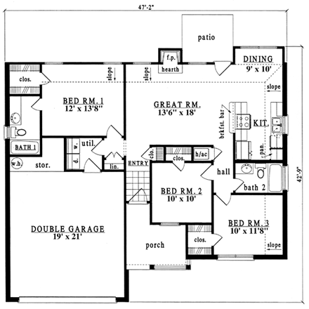 Traditional House Plan 79168 with 3 Beds, 2 Baths, 2 Car Garage First Level Plan