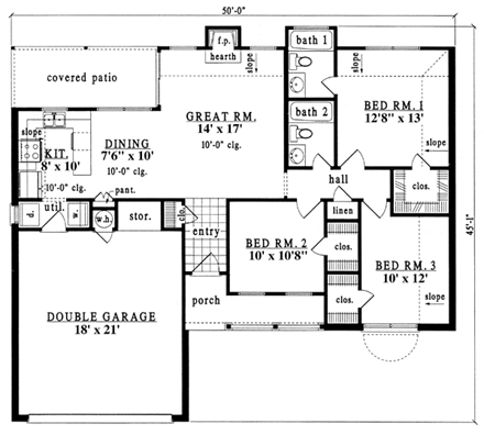 One-Story, Traditional House Plan 79169 with 3 Beds, 2 Baths, 2 Car Garage First Level Plan