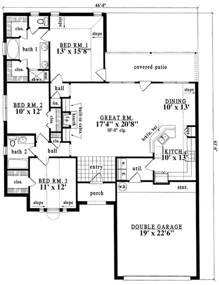 European, One-Story House Plan 79186 with 3 Beds, 2 Baths, 2 Car Garage First Level Plan