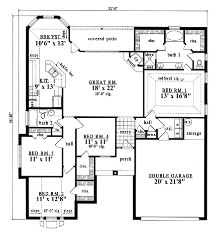 European, One-Story House Plan 79203 with 4 Beds, 2 Baths, 2 Car Garage First Level Plan