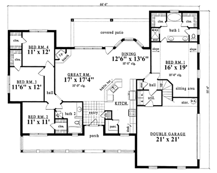 Country House Plan 79206 with 4 Beds, 2 Baths, 2 Car Garage First Level Plan