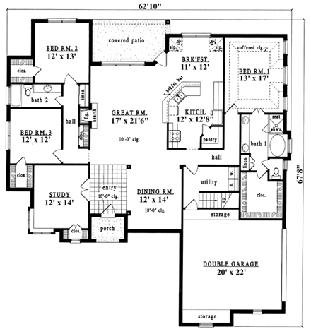 European, Tudor House Plan 79214 with 4 Beds, 2 Baths, 2 Car Garage First Level Plan