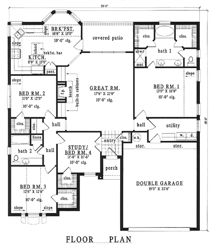 European, One-Story House Plan 79237 with 4 Beds, 2 Baths, 2 Car Garage First Level Plan