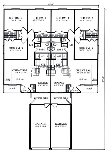 Country Multi-Family Plan 79238 with 6 Beds, 2 Baths, 2 Car Garage Level One