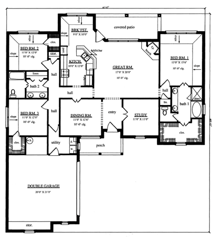 European, One-Story House Plan 79239 with 3 Beds, 2 Baths, 2 Car Garage First Level Plan