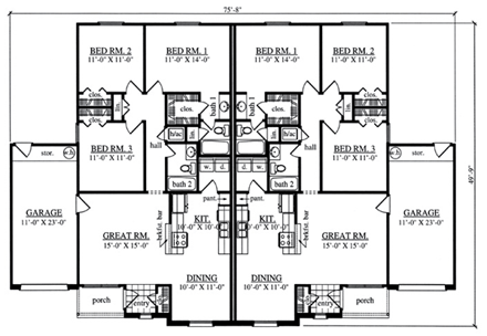 Country Multi-Family Plan 79244 with 4 Beds, 4 Baths, 2 Car Garage First Level Plan