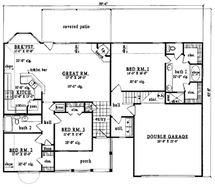 Country, One-Story House Plan 79251 with 3 Beds, 2 Baths, 2 Car Garage First Level Plan