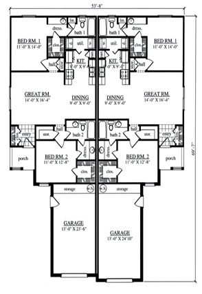 Country Multi-Family Plan 79258 with 4 Beds, 4 Baths, 2 Car Garage Level One