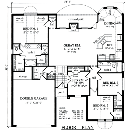 European, Traditional House Plan 79264 with 4 Beds, 2 Baths, 2 Car Garage First Level Plan