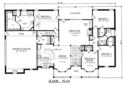 Country, One-Story House Plan 79266 with 4 Beds, 3 Baths, 2 Car Garage First Level Plan