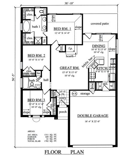 Narrow Lot, One-Story, Traditional House Plan 79275 with 3 Beds, 2 Baths, 2 Car Garage First Level Plan