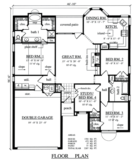 House Plan 79276 with 4 Beds, 2 Baths, 2 Car Garage First Level Plan