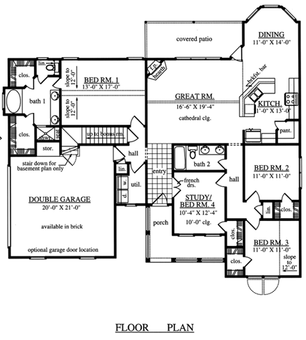Country, One-Story House Plan 79291 with 4 Beds, 2 Baths, 2 Car Garage First Level Plan