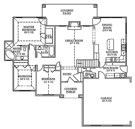 European House Plan 79711 with 3 Beds, 2 Baths, 2 Car Garage First Level Plan