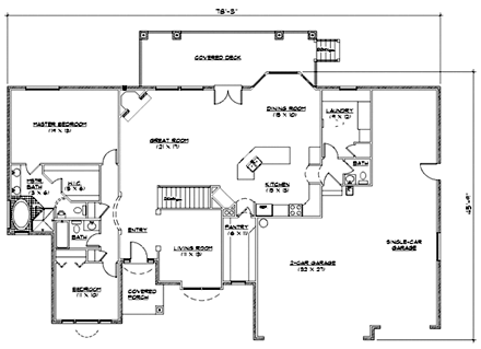 European House Plan 79748 with 2 Beds, 3 Baths, 3 Car Garage First Level Plan