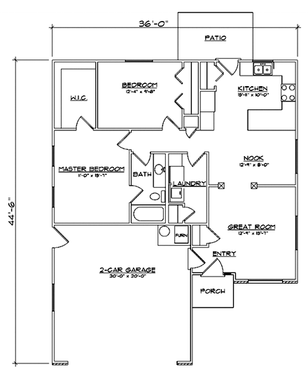 Traditional House Plan 79876 with 2 Beds, 1 Baths, 2 Car Garage First Level Plan