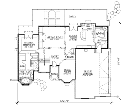European House Plan 79902 with 5 Beds, 4 Baths, 3 Car Garage First Level Plan