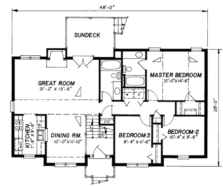 European House Plan 80108 with 3 Beds, 2 Baths, 2 Car Garage First Level Plan