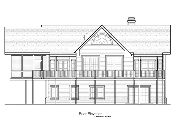 Cottage Plan with 1732 Sq. Ft., 3 Bedrooms, 3 Bathrooms, 2 Car Garage Rear Elevation