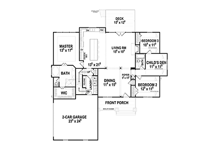 Cottage, Craftsman, Narrow Lot, One-Story, Traditional House Plan 80257 with 3 Beds, 2 Baths, 2 Car Garage First Level Plan