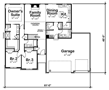 Craftsman House Plan 80486 with 3 Beds, 3 Baths, 3 Car Garage First Level Plan