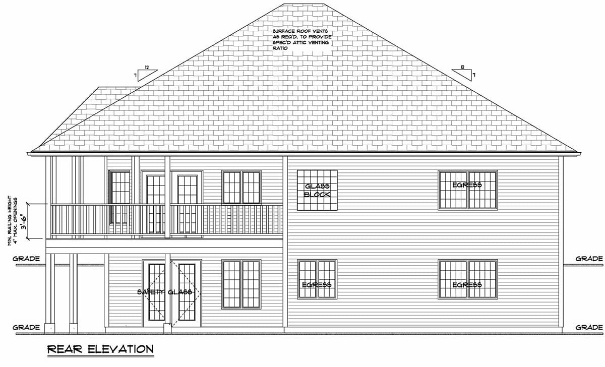 Country, Traditional Plan with 1598 Sq. Ft., 3 Bedrooms, 2 Bathrooms, 2 Car Garage Rear Elevation